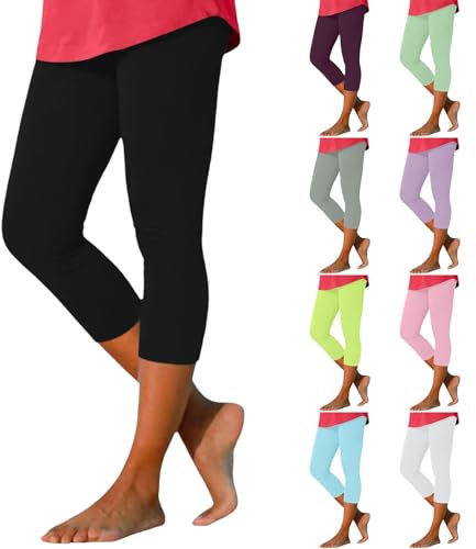 Sport Leggings Damen, Leggings Damen 3/4 Sommer Sport Jogginghose High Waist Sporthose Blickdicht Caprihose Kurze Einfarbig Sportleggins Elastische Taille Yoga Hose Casual Slim Fit Laufhose Frauen