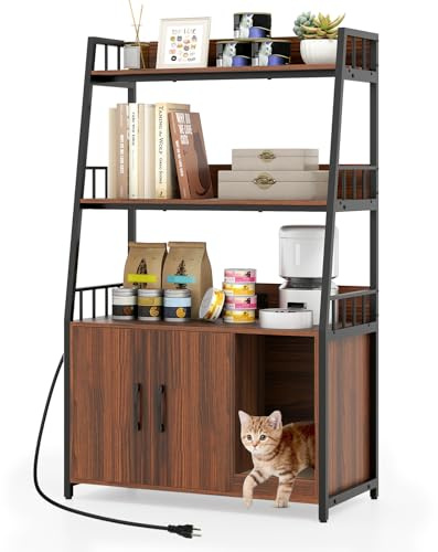 GOPLUS Katzenschrank mit Regal, versteckter Katzenwaschraum Schrank mit 3-stufigen Regalen, Ladestation, gewundener Einlass & Kratzbrett, Katzenmöbel für Wohnzimmer, Innenbereich (Walnuss)