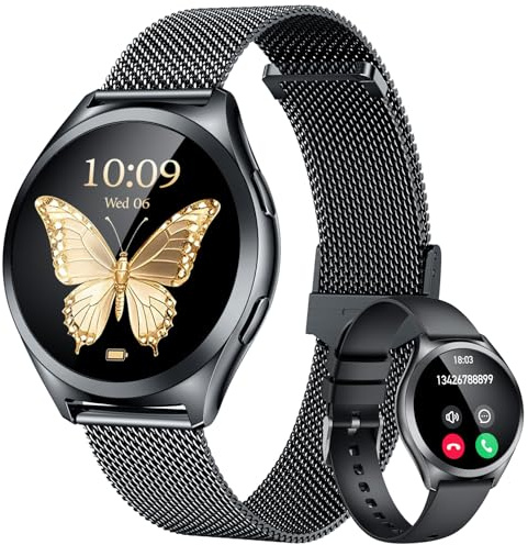 Schwarz Smartwatch Damen Armbanduhr Rund: Smart Watch Damen Metallarmband mit Telefonfunktion Schrittzähler Schlafmonitor Herzfrequenz Blutdruck Wasserdicht 1,27 Klein Duenn Touchscreen Fitnessuhr