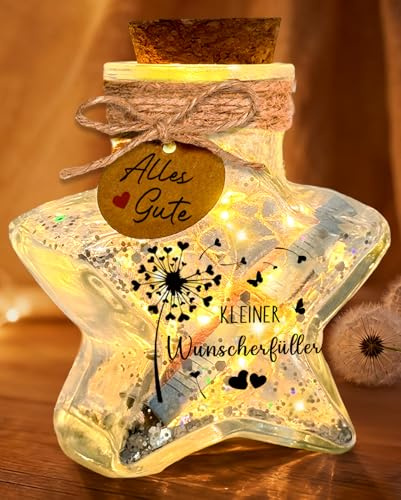 LED Flaschenlicht in Sternform mit Pusteblume, Wunscherfüller Geldgeschenk Verpackung für Kommunion Konfirmation Firmung Jugendweihe Geburtstag Hochzeit Ostern, Kreative Geschenke für Frauen Männer