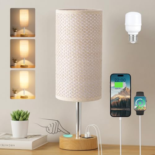 Aooshine Boho Touch Lamp, Touch Lamps Bedside with USB C+A Charging Ports | Weave Shade, Small Lamp, Fabric Shade for Kids Room, Study, Dorm, Office, Bulb Included