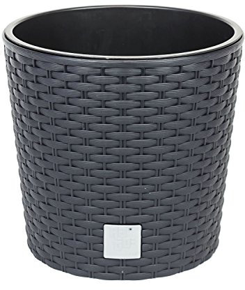 Prosperplast Maceta baja redonda de plástico gris antracita de 30,5 cm con forro interior.