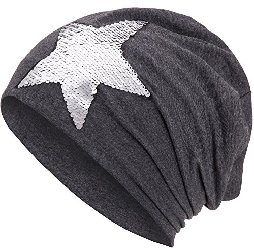 Compagno Slouch Beanie mit Pailletten aus atmungsaktivem, feinem und leichten Jersey Unisex Damen Mütze Haube Boho Bini Mädchen Einheitsgröße, Farbe:Grau