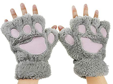 AfinderDE Halbhandschuhe Fingerlos Handschuhe Damen Mädchen Plüsch Halb Handschuhe dicken warmen Fingerhandschue Cartoon Tier Bär Katze Krallen Winterhandschuhe