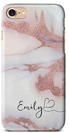 iCaseDesigner Personalised Marble Glitter Flowing Name with Heart Phone Case for Apple iPhone X/XS - 12. White Marble with Faux Rose Gold Sparkle Name