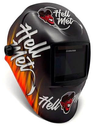 Solter HELLMET R-10 Devil Pantalla de Soldadura Automática, Tecnología True Color, DIN Ajustable 5-8/9-13, Área de Visión 100x60mm, 4 Sensores, Pila Solar Reemplazable, Certificación CE 1/1/1/1
