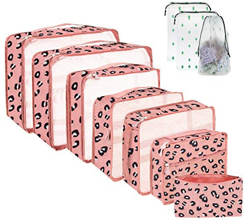 Packwürfel für Koffer, 10 Größen, Koffer-Organizer, Taschen, 10 Stück, Kompressions-Verpackungswürfel, leopardenmuster, L