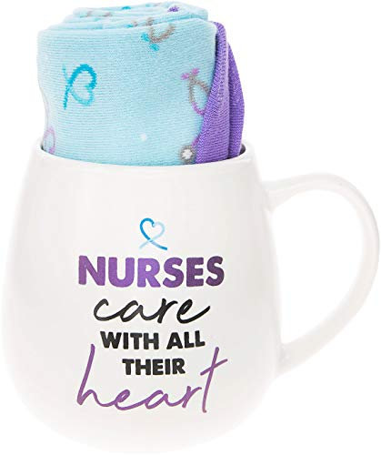 Pavilion Gift Company 71316 Nurses Care Heart Socks & 15.5 Oz Coffee Cup Mug Gift Set, Stoneware, White