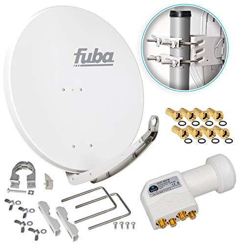 Fuba DAA 850 W 85cm Sat Schüssel Weiß Satellitenantenne Aluminium Reflektor + HB-DIGITAL UHD Quad LNB 4 Teilnehmer Direktanschluss weiß 4K Ultra HDTV Full HD 3D fähig + 8X F-Stecker vergoldet