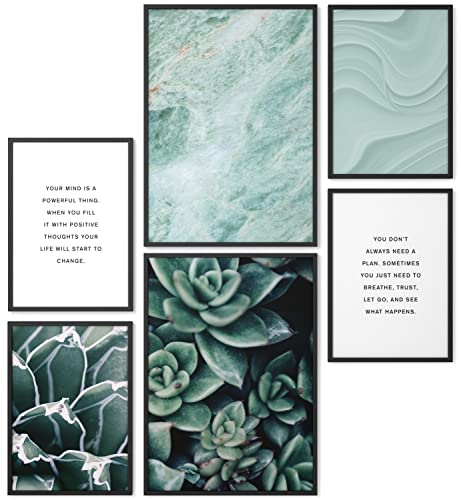 Papierschmiede® Mood Poster Set Stampe da Parete « Green Resistance » con cornici nere in legno » Quadri moderni per Soggiorno e Camera da Letto, 2x A4 e 4x A5, marmo cactus arte