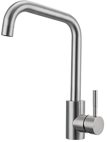 Hapilife Kitchen Tap Brushed Nickel Kitchen Sink Mixer Tap Stainless Steel Rectangle with Swivel Spout, Monobloc L Shaped Single Lever Mixers Sink Faucet with Hoses