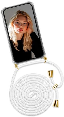 ONEFLOW Handykette für iPhone 13 Pro Hülle mit Band, Handyhülle mit Kette abnehmbar, Handyband zum Umhängen, Handy Umhängeband Lange Handykordel, Twist Case – Weiß Gold