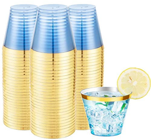 LUODA 150 PCS Blue Plastic Cups,9oz Clear Disposable Cups with Gold Rim, Old Fashioned Tumblers Gold Rimmed Plastic Cups for Any occasion: Weddings, Parties, Business Events