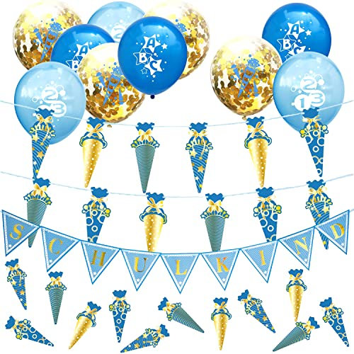 Oblique Unique® Einschulung Deko Set Jungen – Zuckertüten & Schulkind Girlande, ABC 123 Ballons, Konfetti Luftballons & Tischdeko – Schulanfang Schuleinführung Partydeko Blau Gold