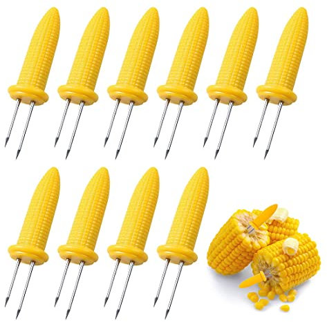 10 Piezas Pinchos para Mazorca de Maíz Asidero de Barbacoa con Dos Puntas de Acero Inoxidable y Mangos de Plástico