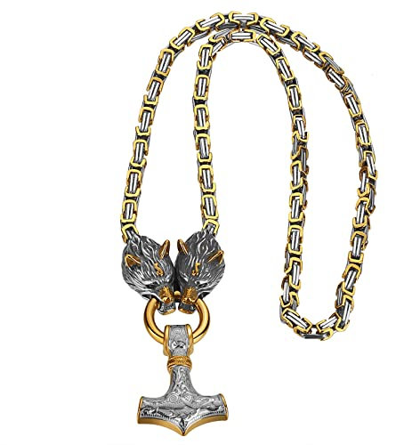 OIDEA Herren Halskette Thors Hammer: Gold Schwer Königskette Wikinger Kette Gotik mit Wolfskopf Anhänger aus Edelstahl Wolf Viking Anhängerkette Biker Schmuck Geschenk für Männer Jungs