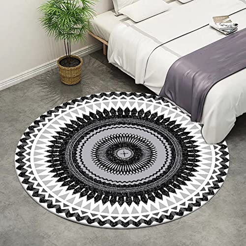 Rug-QJDDUP Rund Kurzflor Teppich Wohnzimmer Einfache Schwarze und weiße graue Geometrie rutschfest Waschbar fürs Arbeitszimmer, Büro, Flur, Kinderzimmer und Küche ø 90 cm