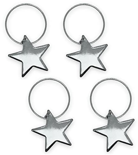4 Stück Set Serviettenringe mit Anhänger für Zuhause, Hochzeit, Urlaub, Party, aus Metall, Ø 3,6cm (Stern-Anhänger silberfarben)