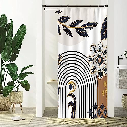 Duschvorhang Blau Gold, Uiiooazy Duschvorhang Schmal 90x180cm Boho Style Abstrakt Blumen Braun Geometrisches Muster Klein Duschvorhänge Anti Schimmel Stoff Waschbar Wasserdicht Bad Vorhang mit 6 Haken
