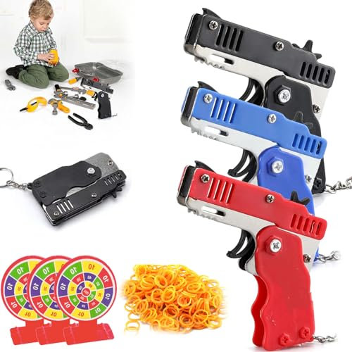 Mini Gummibandpistole Aus Metall,Spielzeug Pistole Kinder,Gummibandpistole Spielzeug,Faltbare Handgefertigte Spielzeugpistole,Klappbare Gummiband Pistolen Spielzeuge+gummibandm (3, Schwarz, blau, rot)