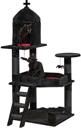 YARUOMY Gothic Kratzbaum groß, 140 cm hoch,Kratzbaum Grosse Katzen Stabil,XXL Katzenbaum mit 6 Dicker Kratzsäulen,Spinne hängende Kugel,Sargbett Plattformen,Höhle,Schwarzer katzenturm Halloween