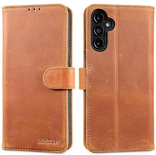 LENSUN Lederhülle für Samsung Galaxy A14, Handyhülle Flip Cover [Echtes Leder][Kartenfach][RFID Schutz] Echtleder Hülle Handytasche für Samsung Galaxy A14 4G/5G - Vintage Braun