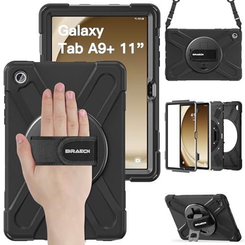 BRAECN per Cover Samsung Galaxy Tab A9+ Plus 11 Pollici, Antiurto Robusto Custodia con Supporto Girevole a 360° e Cinturino a Mano, Portapenne, Tracolla Portatile, Nero