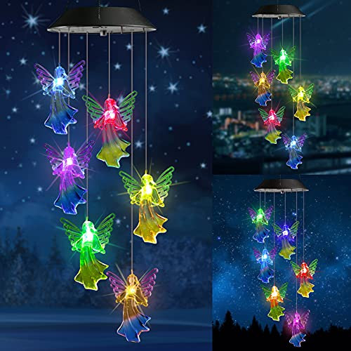 iShabao Carillon Solaire Anges, 6 LED Carillon a Vent Exterieur Solaire, Étanche Solaire Carillon Jardin, Changement de Couleur, Cadeau Maman, Cadeau Femme, Décoration d'Arbres, Balcons, Mariages