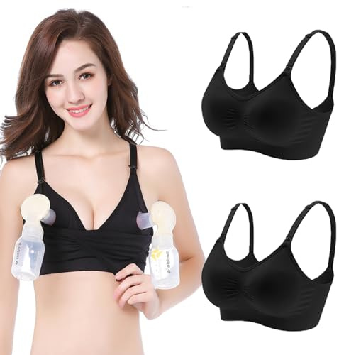 Baycat 2 Pack Hands-Free Nursing & Pumping Bra - Adjustable Maternity Bras for Breastfeeding - Comfortable Wireless Support for Pregnancy & Postpartum(XL,Black)