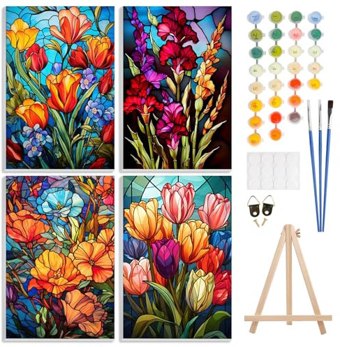GHHKUD Malen Nach Zahlen Erwachsene, 4 Stück Blume DIY Handgemalt Ölgemälde Kit für Anfänger und Kinder Mit Holzstaffelei und Acrylpigment Malen nach Zahlen für Geschenk-20X30cm