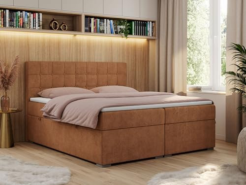 MKS MEBLE Boxspringbett 200x200 mit Bettkasten, Bett 200x200 mit Stauraum und Kopfteil, Polsterbett mit Multipocket - Matratze H3 und Topper - Carmen - Orange Stukture