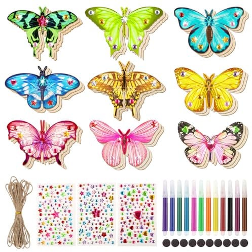GHVACZS 53 Stück Bastelsets für Kinder, 27 Stück Schmetterling Basteln mit Aquarellstift, Edelsteinaufkleber, Kühlschrankmagnet, Hanfseil, Schmetterlinge Basteln für Mädchen, die Dekoration Malen