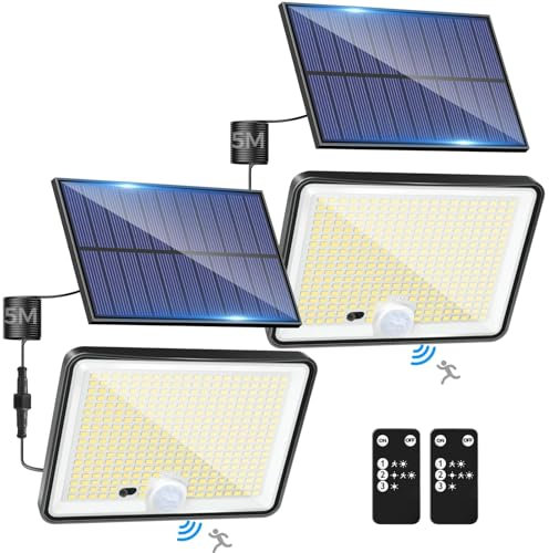 LOTMOS 2 Pack Solar Lights Outdoor, 342LED Remote Solar Security Lights Outdoor Motion Sensor, 3 Modes Waterproof Garden Solar Powered Pir Flood Lights for Yard Shed Garage Outside,Cool White