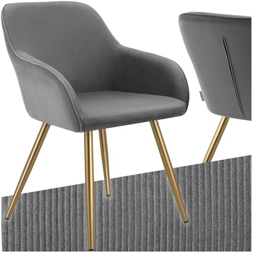 tectake® Esszimmerstuhl, Sessel bequem mit Armlehne, Polsterstuhl, Cord Cocktailsessel, Loungesessel für Wohnzimmer, Esszimmer, Moderne Küchenstühle, Bürostuhl - grau/Gold