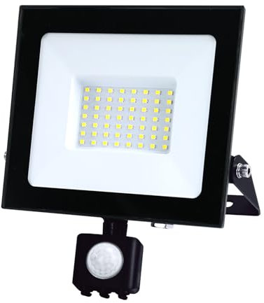Bright Source LED Floodlight, PIR Motion Sensor, IP65, 50W, 5750lm, 120° Beam Angle, 6500K Daylight White, Black, with Adjustable Tilt Mounting Bracket & 1m Lead Wire
