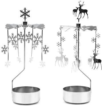 Rotierender Kerzenhalter, Teelichthalter Silber Schnee und Rehe, Teelichter Halter Rotierender Kerzenständer für Halloween Weihnachten Geburtstag Hochzeit Deko, 2 Stück