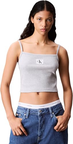 Calvin Klein Damen Tank Top Woven Label Cami Gerippt, Grau (Bc06 Grey Heather), S