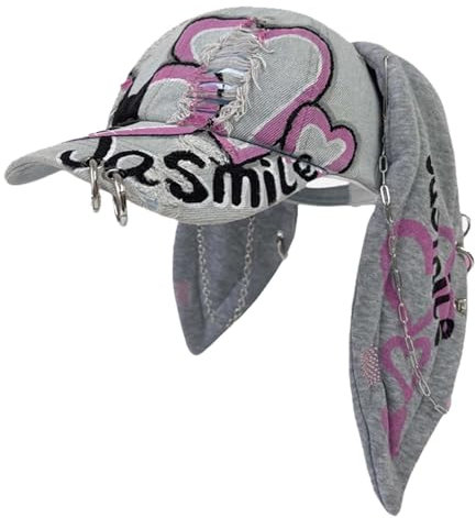 WUODHTW Y2k Baseballkappe mit Ohren, Metall, Eisenring, Kette, Used-Look, Denim, Baseballkappe, Sonnenkappe, Hiphop-Tanzhut, Hasenhut, a12, Einheitsgröße