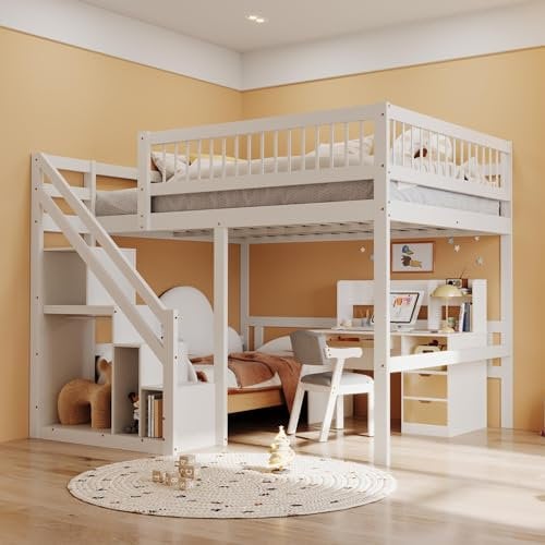 Kinderbett Etagenbett 140x200, Hochbett mit Treppe und Aufbewahrungsschrank, Multifunktionsbett Stockbett Spielbett Kinderhochbett Jugendhochbett mit Lattenrost & Rausfallschutz, Ohne Matratze, Weiß