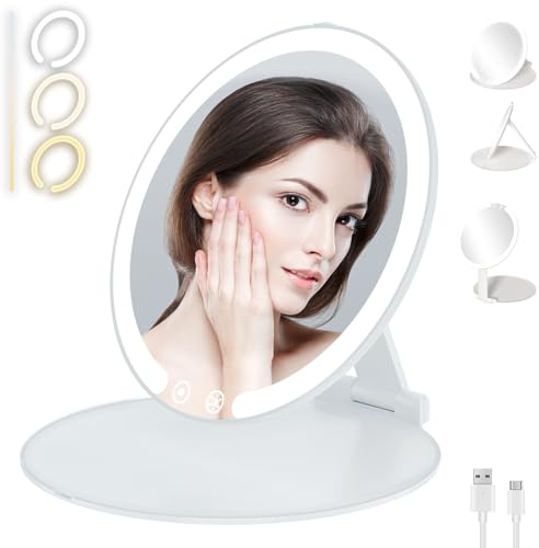 S'bagno 3-Farben-LED-Schminkspiegel mit Touch-Bedienung,Verstellbar, Tischspiegel für Make-up und Reisen - Klein, Klappbar und Mit USB-Ladekabel