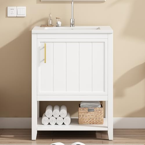 BTM Badmöbel Einzel Waschtisch mit Unterschrank 60cm mit Keramik-Waschbecken,Waschbeckenunterschrank mit Tür und Offener Stauraum, Vertikaler Badezimmerschrank mit Regalen, Weiß