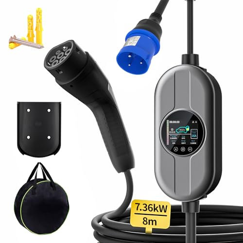 MANKIW Cavo Ricarica Auto Elettrica Tipo 2 CEE, 7,36kW Portatile Veicolo Elettrico Caricatore Regolabile (8-32A), 8 Metri EV Charger Type 2 con led Display Digitale e Borsa,IP65(IEC 62196-2)