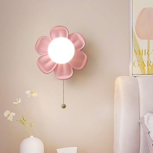 LOGT Baby Wandlampe Blume Wandleuchte mit Schalter 3 Farbtemperatur Nachtlampe G9 Innen Kinderzimmer Lampe mit Zugschalter LED Modern Wandbeleuchtung 7W für Mädchen Jungen Schlummerlicht,Rosa