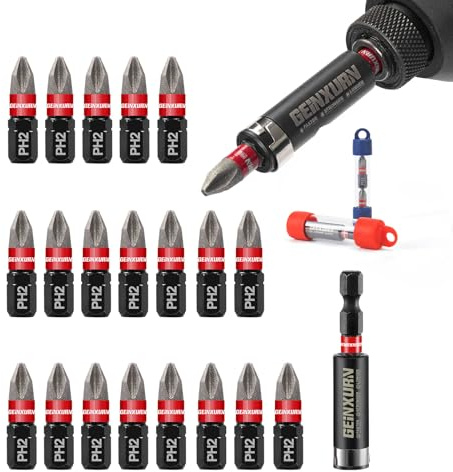 GEINXURN Juego de 20 brocas de impacto con revestimiento de diamante, PH2 de 25 mm, acero S2, vástago hexagonal de 1/4 pulgadas y soporte de puntas de 60 mm con tubos de almacenamiento