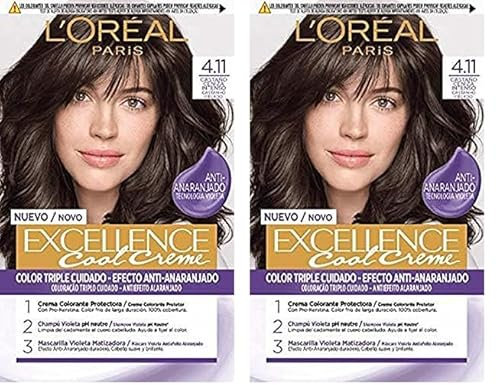 L'Oreal Paris Excellence Cool Creme Tinte Permanente, Tono 4.11 Castaño Ceniza Intenso, 260 g (Paquete de 2)