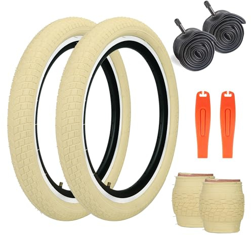 ZUKKA 2er-Pack 20 x 2.125 Fahrradreifen Faltbarer Reifen Mantel 57-406 und 2er-Pack 20 Zoll Schlauch AV35mm Ventil kompatibel 20x2.125 Fahrradreifen und Schlauch,Beige