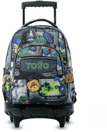 TOTTO - Mochila Escolar con Ruedas, Modelo Renglones, Capacidad 26,21 Litros, Bolsillo para PC 14, Bolsillo Botella, Correas en S para Mayor Comodidad, Resistente, Estampado Rolly Negro
