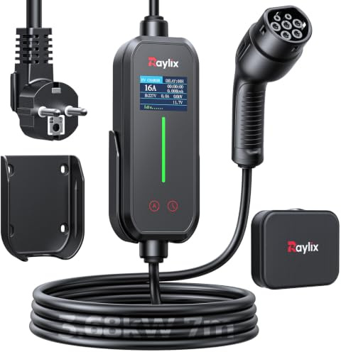 Raylix 3.68kW Mobile Wallbox Typ 2 Ladekabel Schuko (7M 8A-16A 1-Phasig) mit Stromzähler & Einstellbarem Strom & Verzögertem Laden, Ladekabel CEE 16A auf Typ 2 und Ladestation Ladeziegel EV Charger