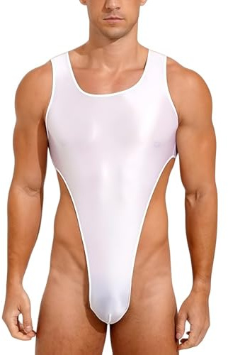 Men's Shiny Glossy Leotard Sleeveless U Neck High Cut Thong Low Back Style