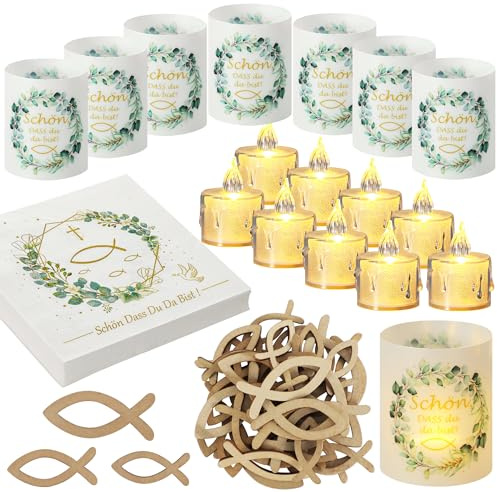 VIRETH HAUS Konfirmation Tischdeko Set, Party Deko Eukalyptus Grün | Mit 12 Windlicht, 12 LED Kerzen, 24 Servietten und 45 Holzfischen für Junge Mädchen, Tischdeko für Feier, Firmung, Kommunion